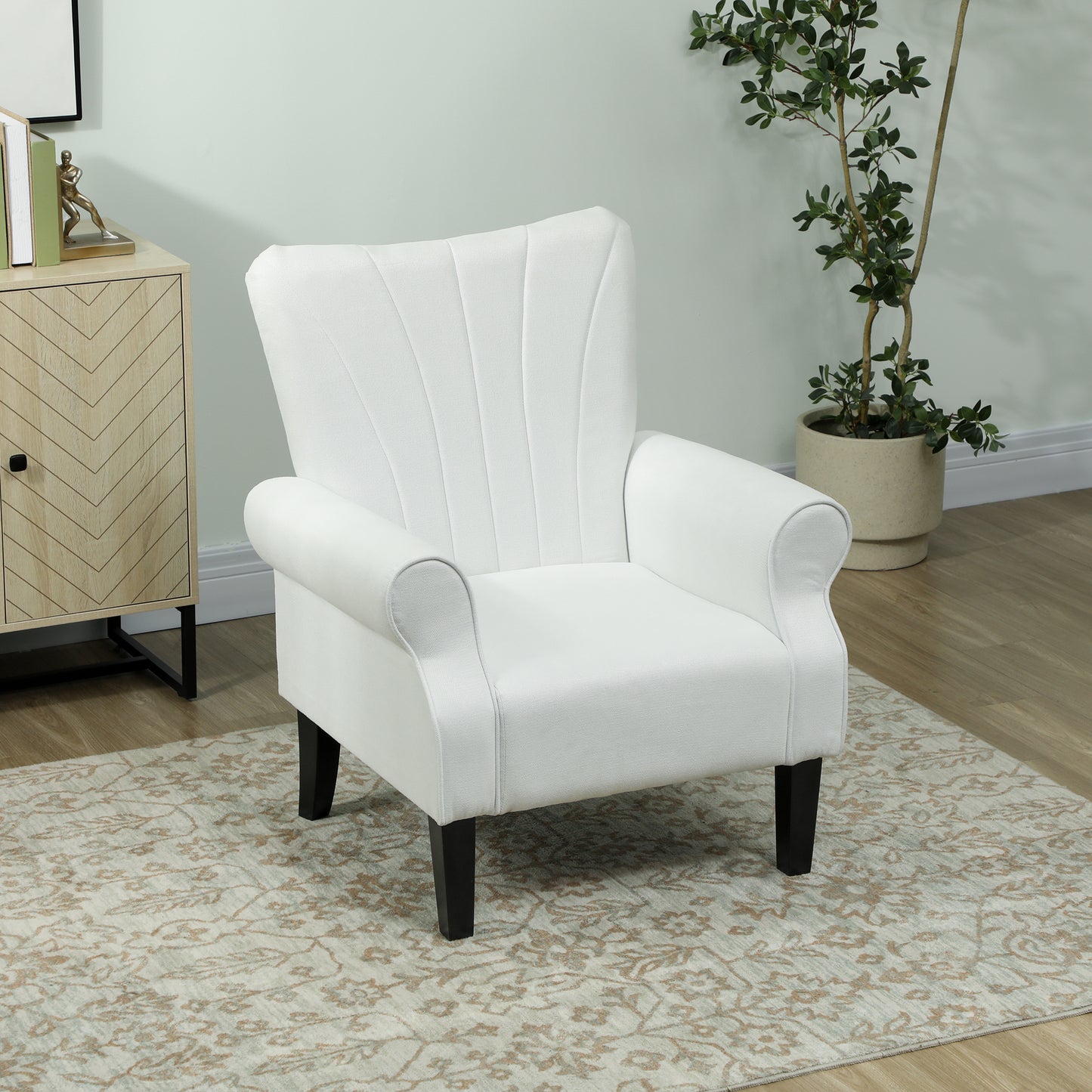 HOMCOM Modern Fabric Accent Armchair, Cream White with Sturdy Wood Legs