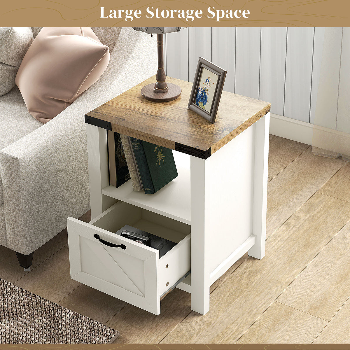 Farmhouse Nightstand with Drawer and Barn-Style Panel – 18"W x 24"H