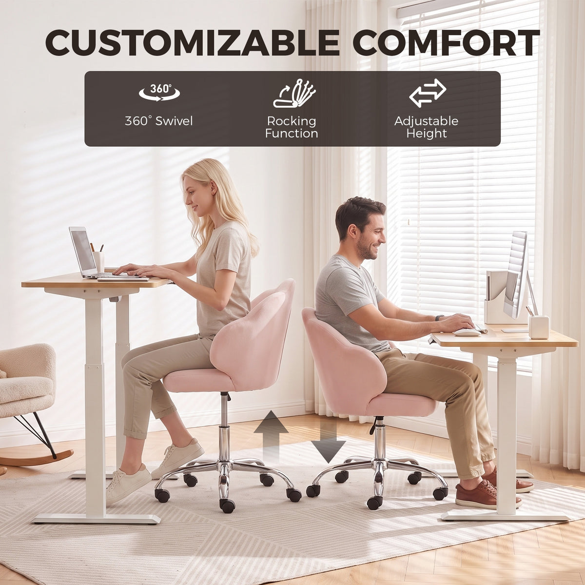 Task Desk Chair, Petal Office Chair with Swivel Wheels with Wide Seat, Velvet, Pink