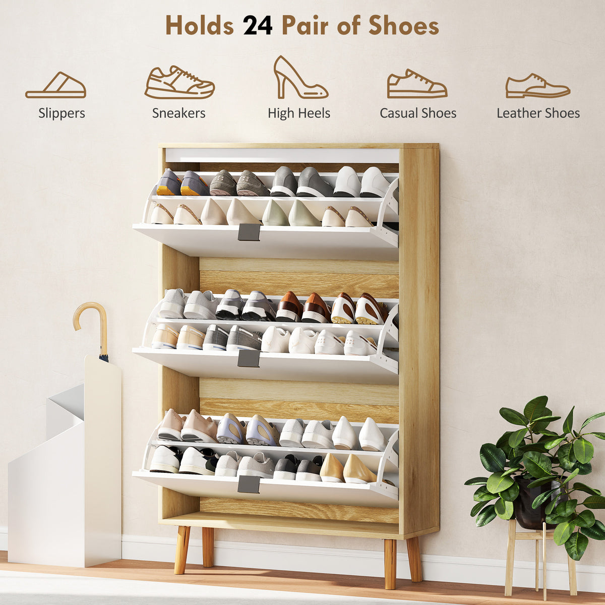 High Gloss Narrow Shoe Cabinet with 3 Flip Drawers – 32"W x 50"H