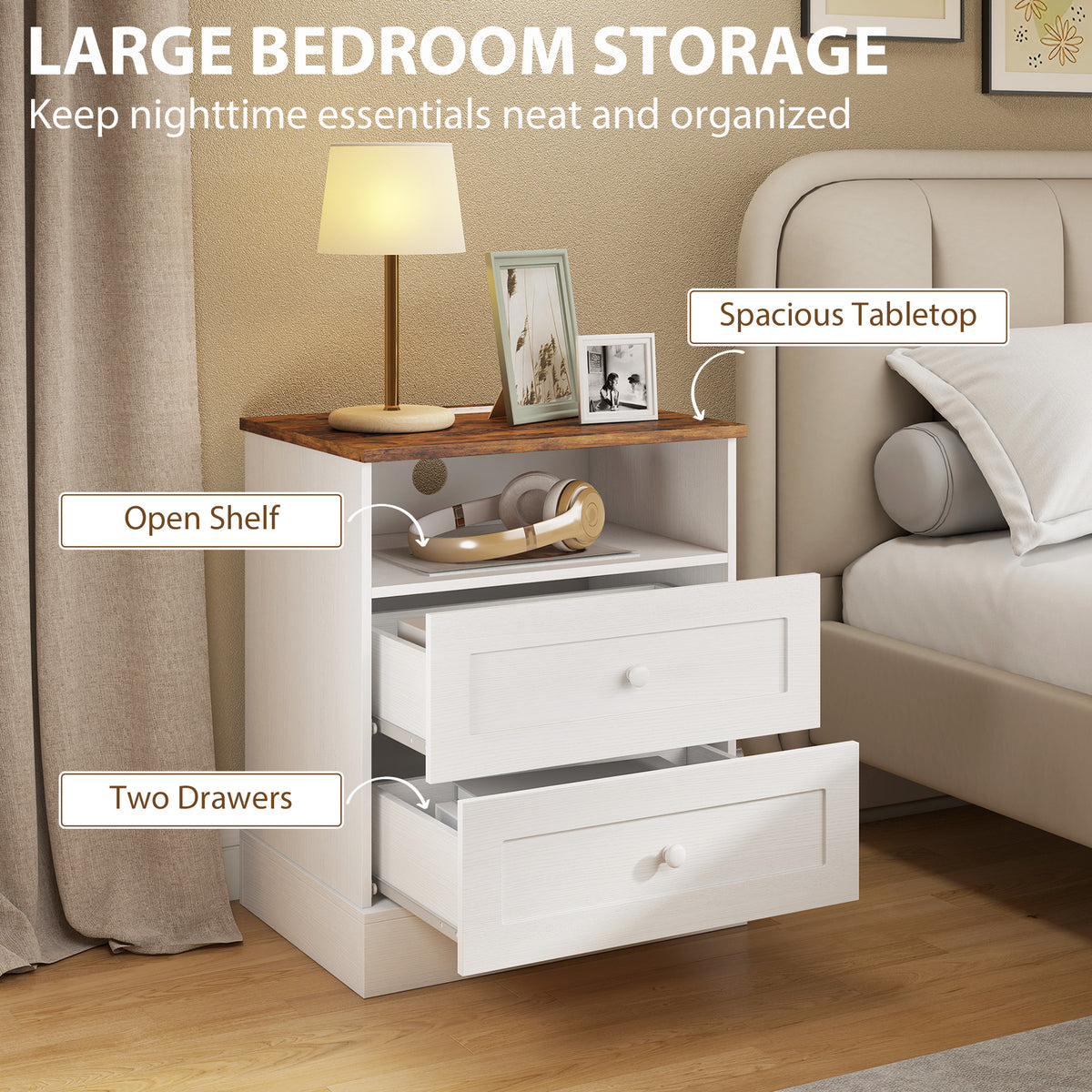Nightstands with Charging Station and 2 Drawers, Set of 2 – 20"W x 24"H