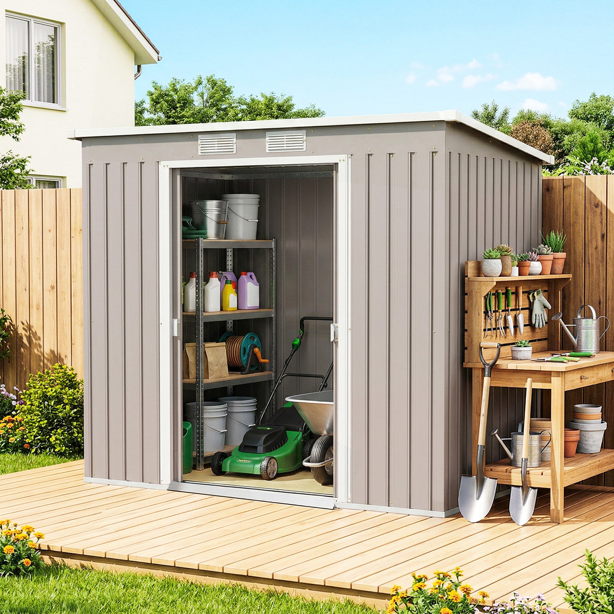 7 x 4ft Galvanised Steel Garden Shed, with Foundation Kit - – Grey