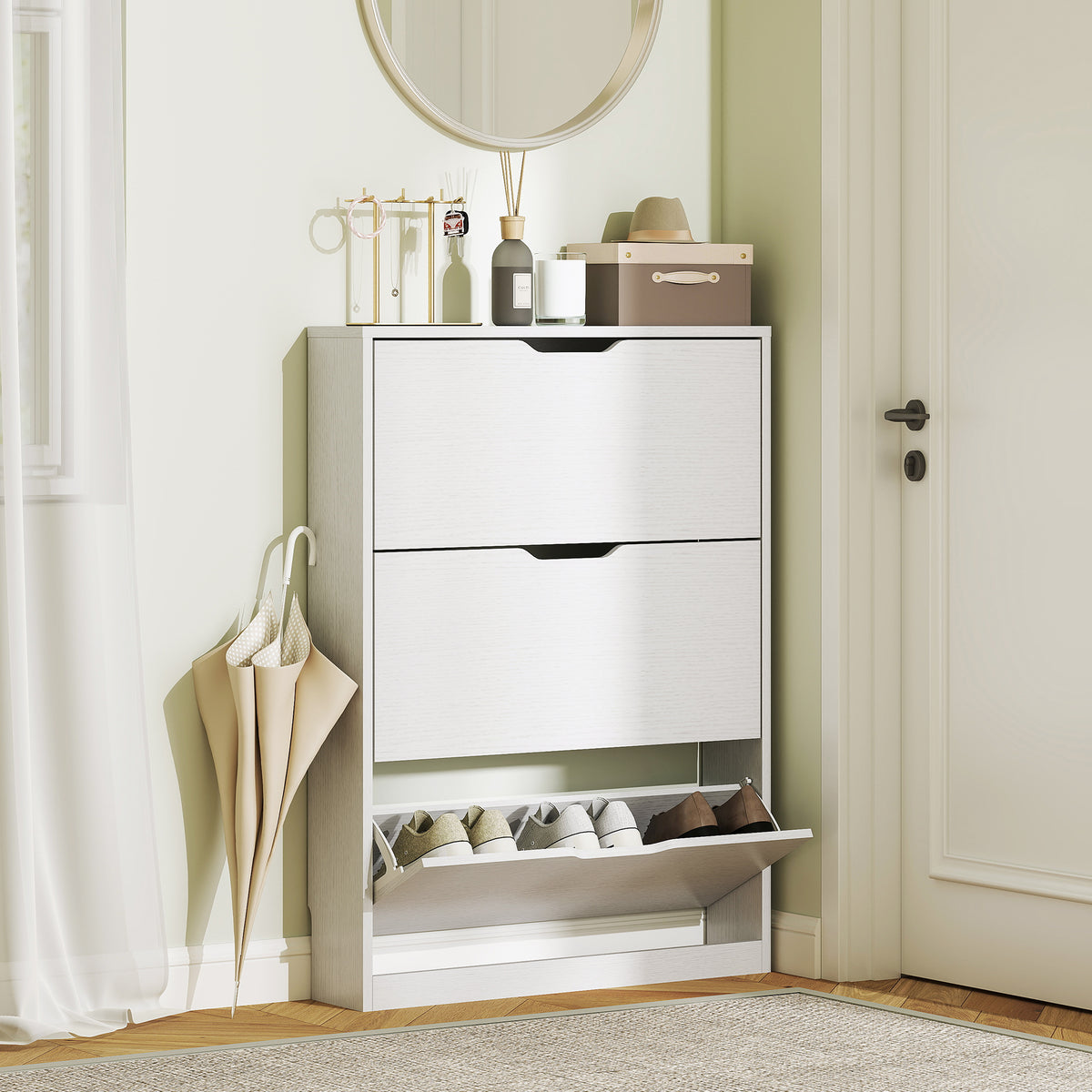 Narrow Shoe Cabinet with 3 Flip Drawers – 31"W x 43"H