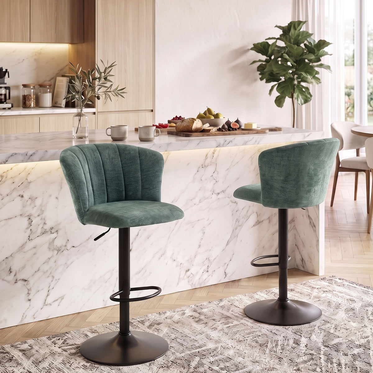 Chenille Adjustable Swivel Bar Stools with Back and Footrest, Set of 2, Dark Green
