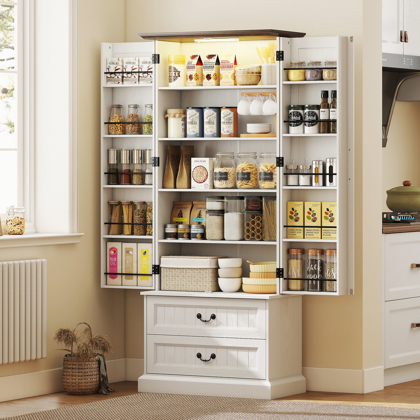 HOMCOM LED Kitchen Pantry Cabinet with Smart Sensor Light, White