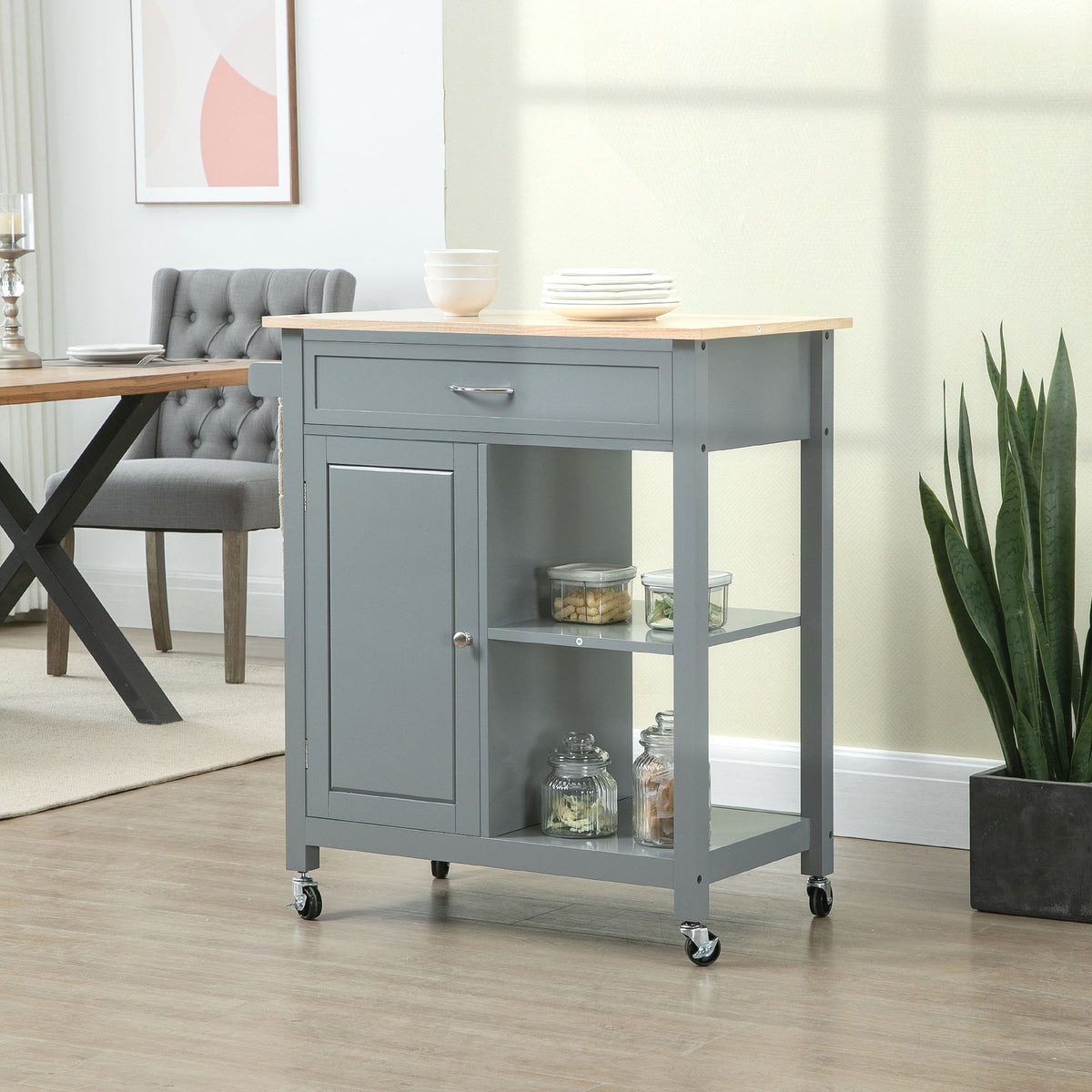 Rolling Kitchen Cart with Wood Top and Drawer – 33"W x 35"H