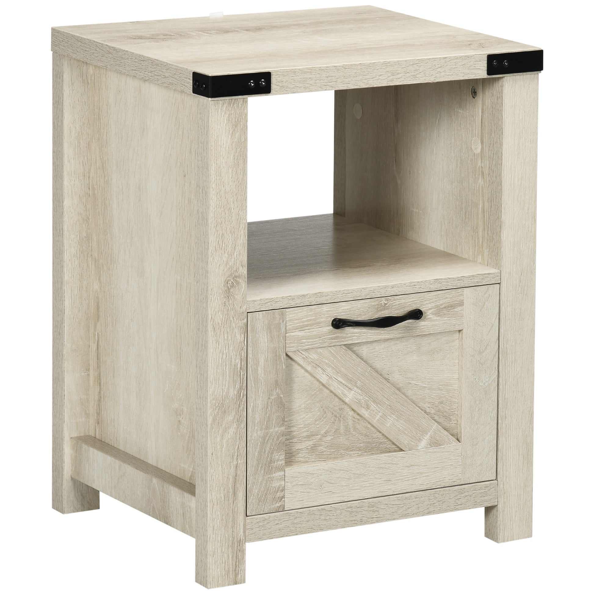 HOMCOM Farmhouse Side End Table with Drawer, Open Shelf & Barn-Style Panel
