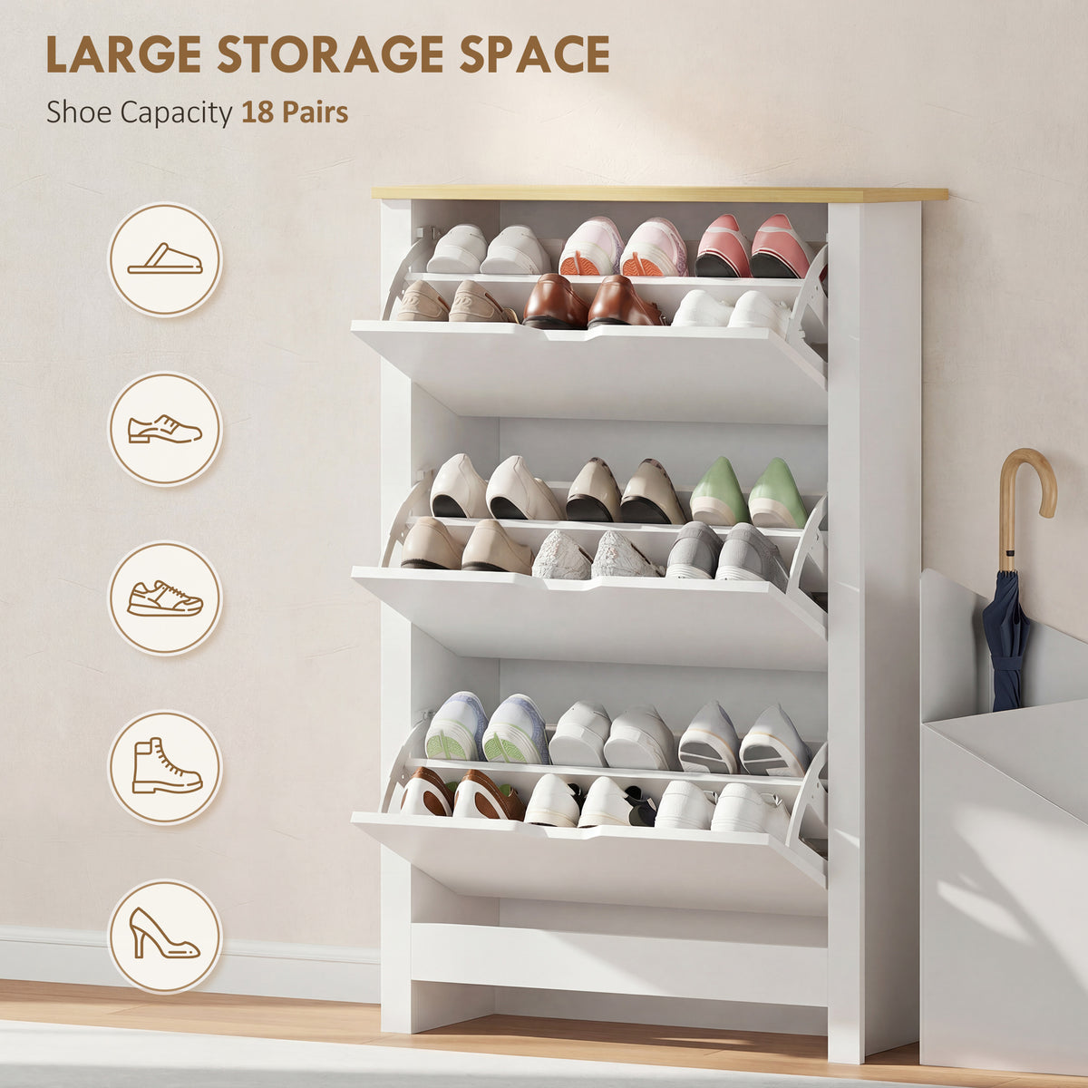 Shoe Storage Cabinet with 3 Flip Drawers – 28"W x 44"H