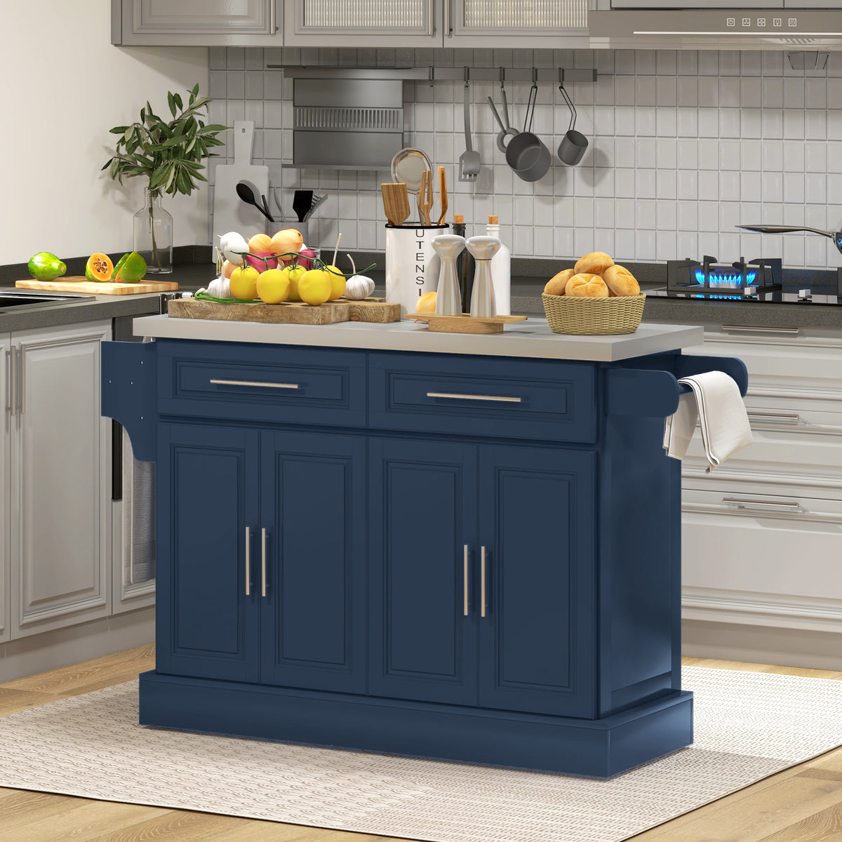 Rolling Kitchen Island with Stainless Steel Top – 57"W x 37"H