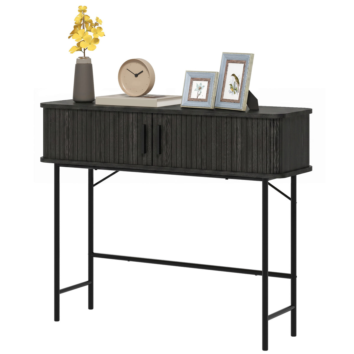 Mid-Century Entryway Console Table with Storage Compartments, Black
