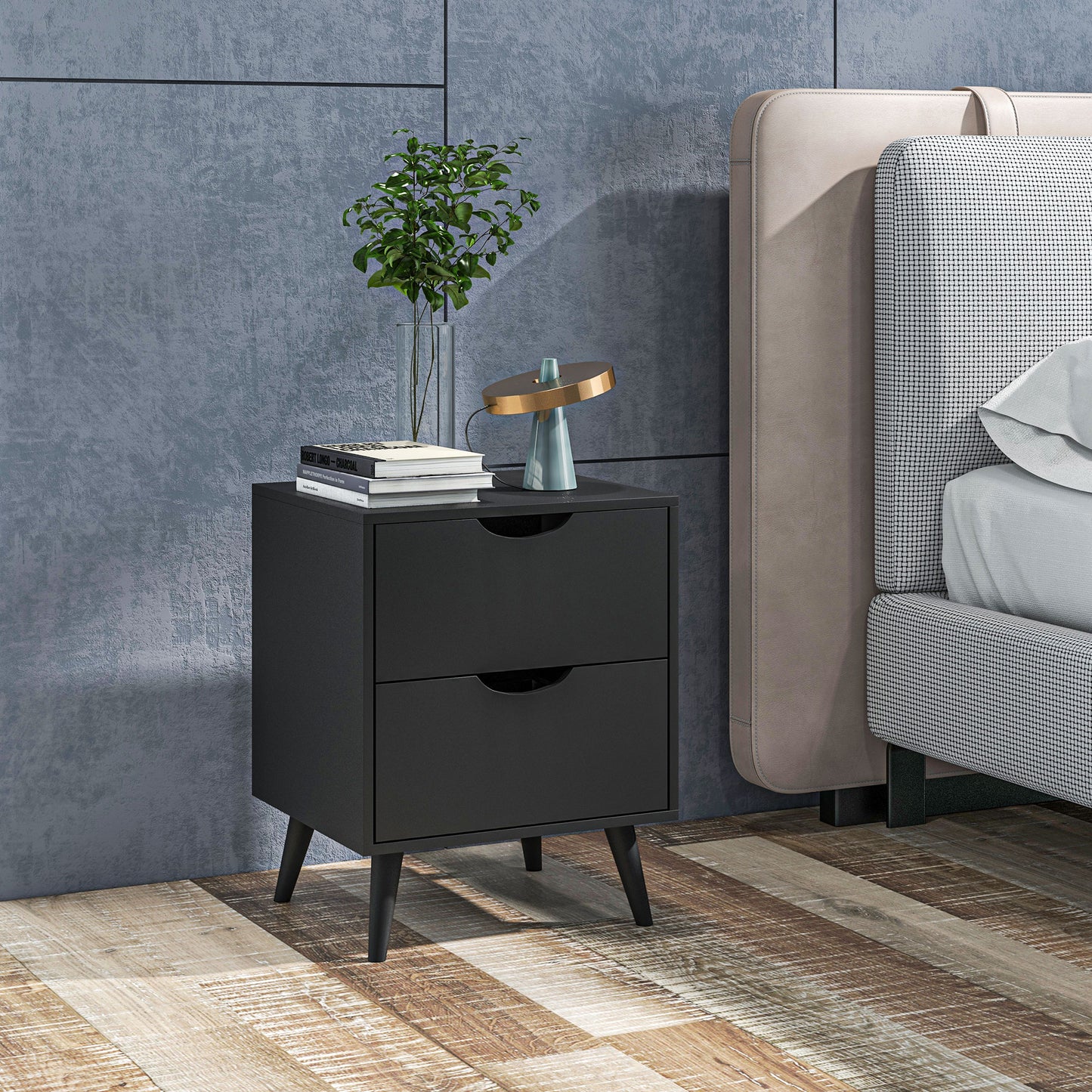HOMCOM Modern Black Nightstand with Two Drawers, Solid Pine Wood Legs