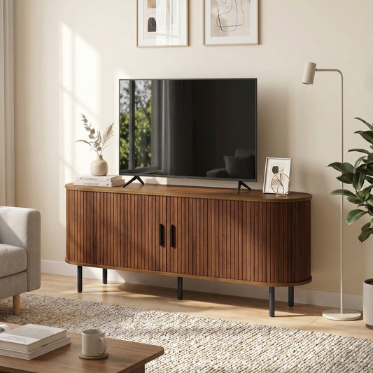 HOMCOM TV Stand Curved Sliding Doors Walnut Brown 60"