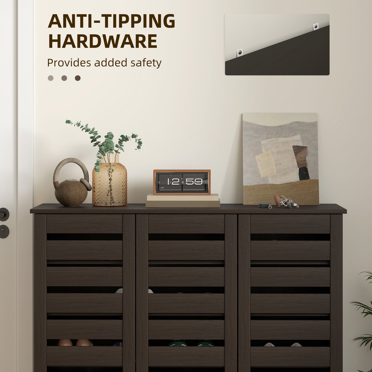 HOMCOM Narrow Entryway Shoe Cabinet, Slatted Doors, Adjustable Shelves, Dark Brown