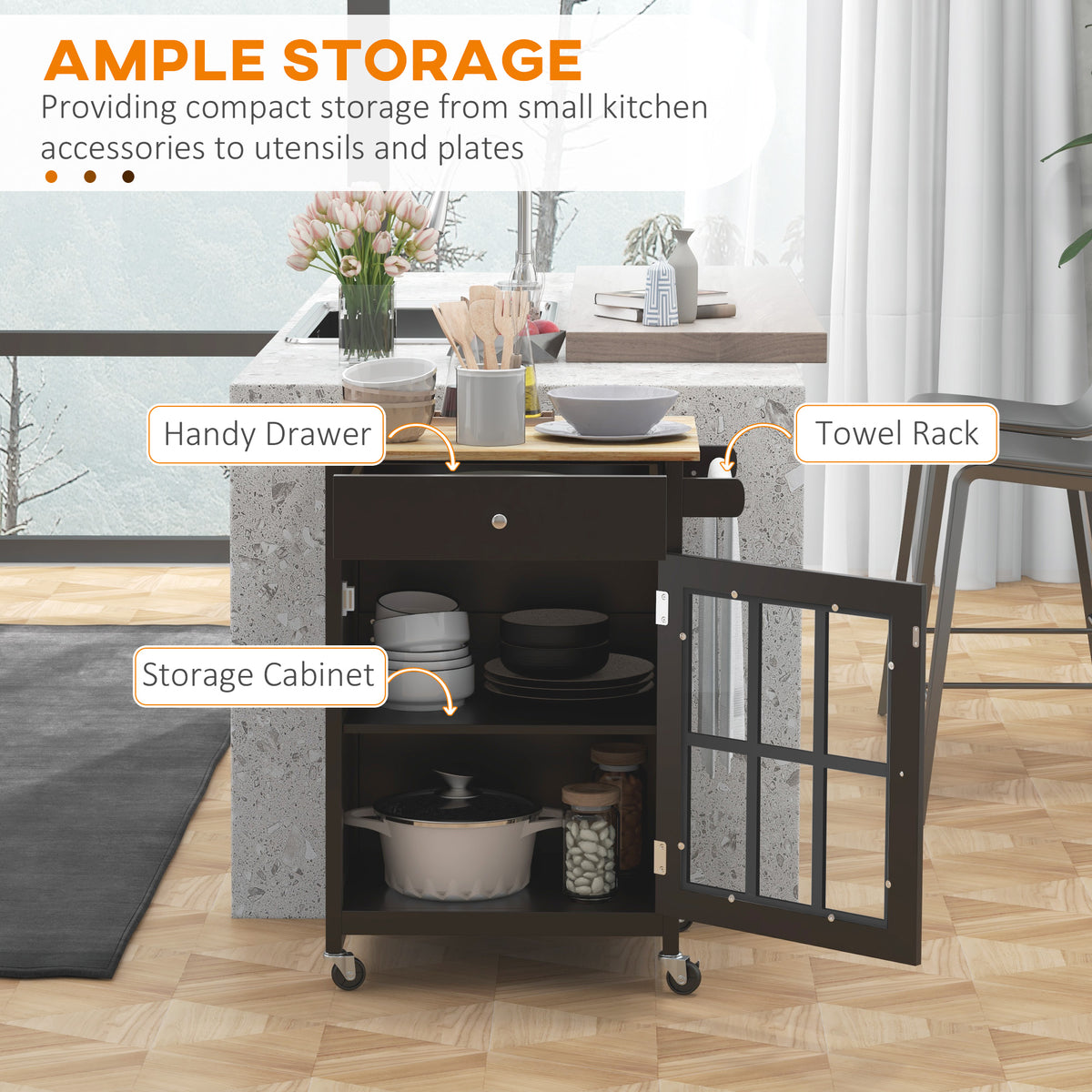 Rolling Kitchen Cart with Drawer and Glass Door Cabinet – 26"W x 34"H