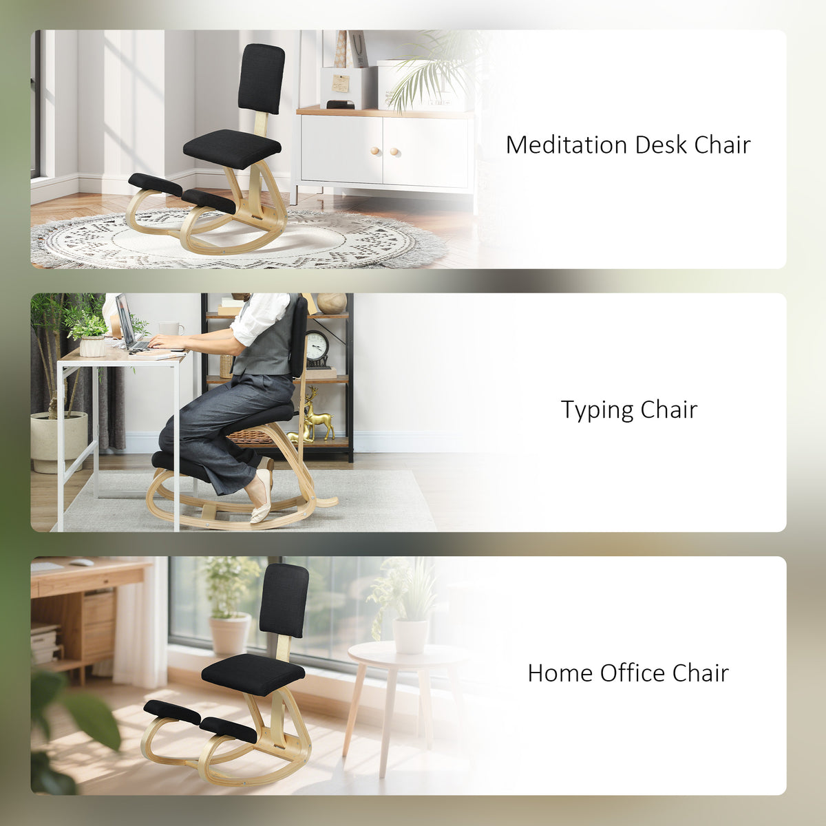 Ergonomic Kneeling Chair, Rocking Wood Kneel Stool with Backrest for Improved Posture, Black