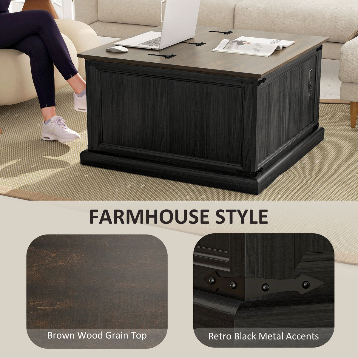 Square Lift-Top Coffee Table with Charging Station and Hidden Storage