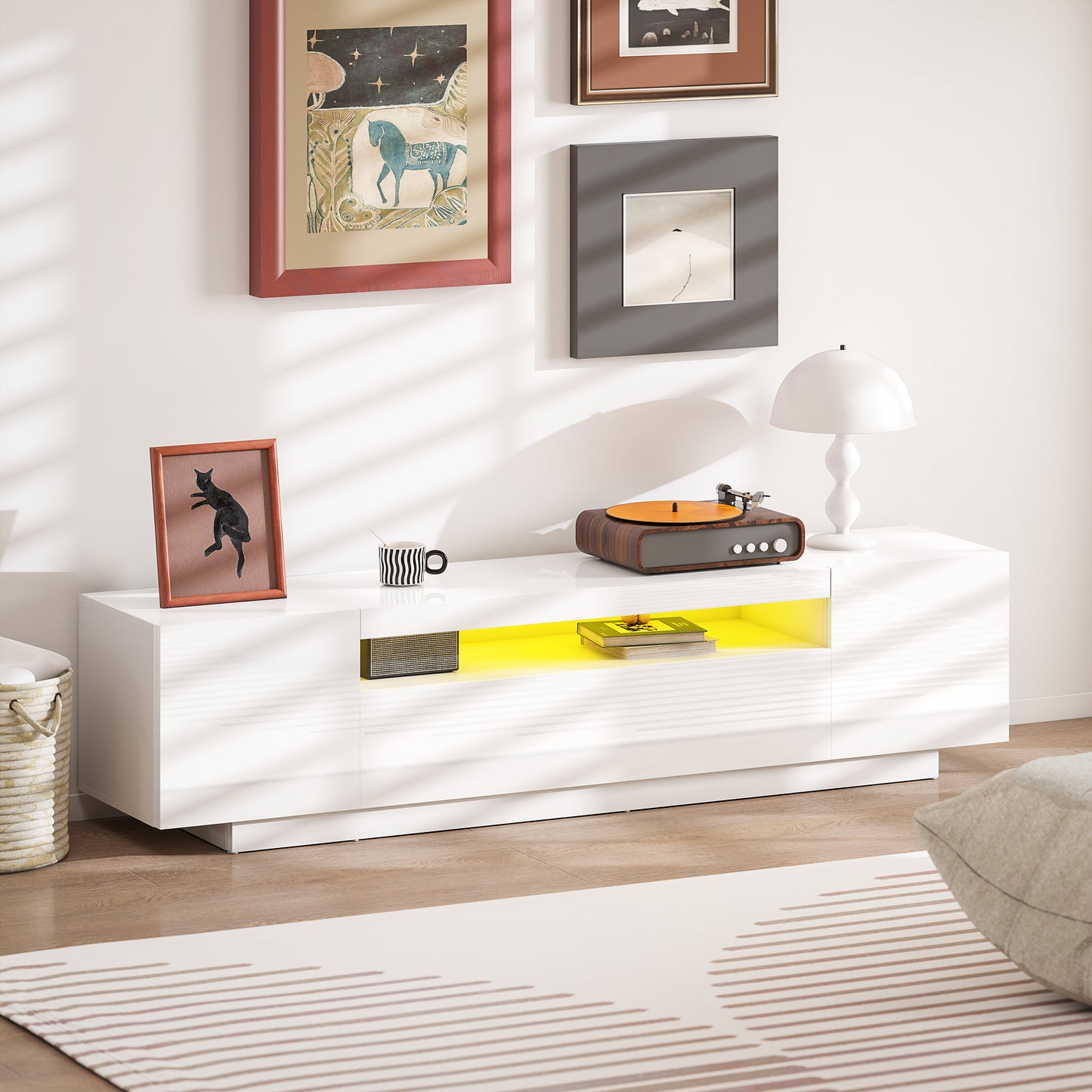 HOMCOM Modern White High-Gloss TV Stand with RGB LED Lighting
