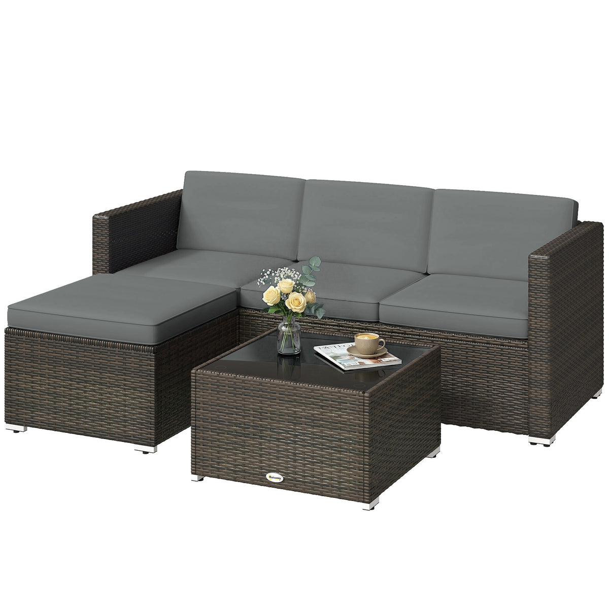 3 Pieces Patio Furniture Set with Cushions, Outdoor PE Rattan Wicker Conversation Corner Sofa Set with Glass Top Table – Brown, Light Grey