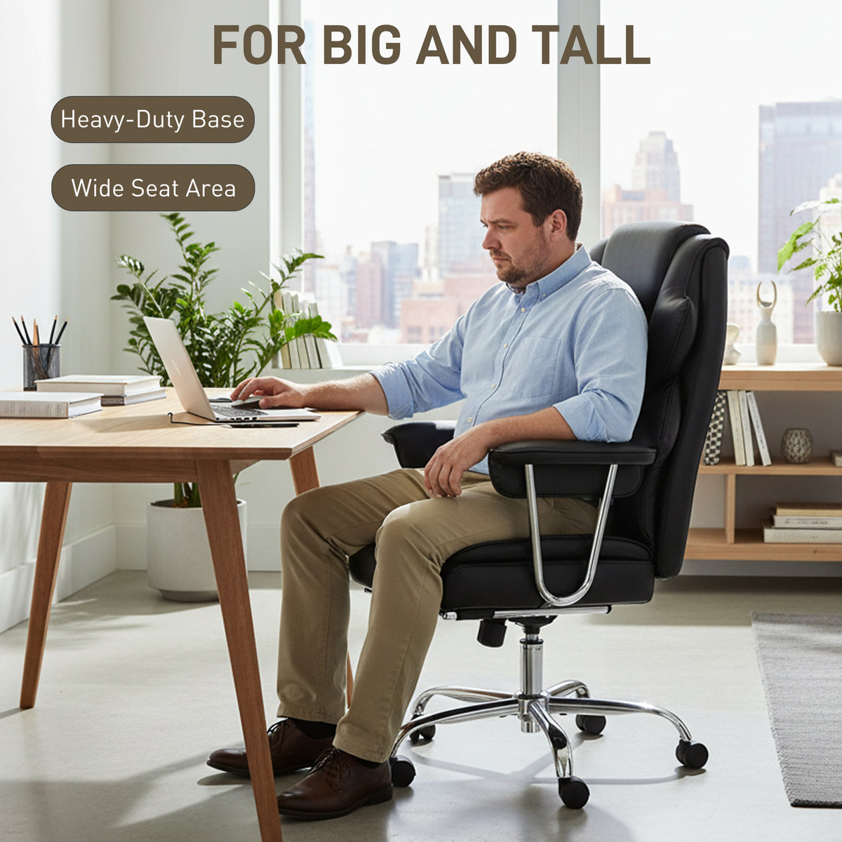 Big and Tall Office Chair, 400 lbs Overstuffed Desk Chair with Shaped Foam, PU Leather, Black