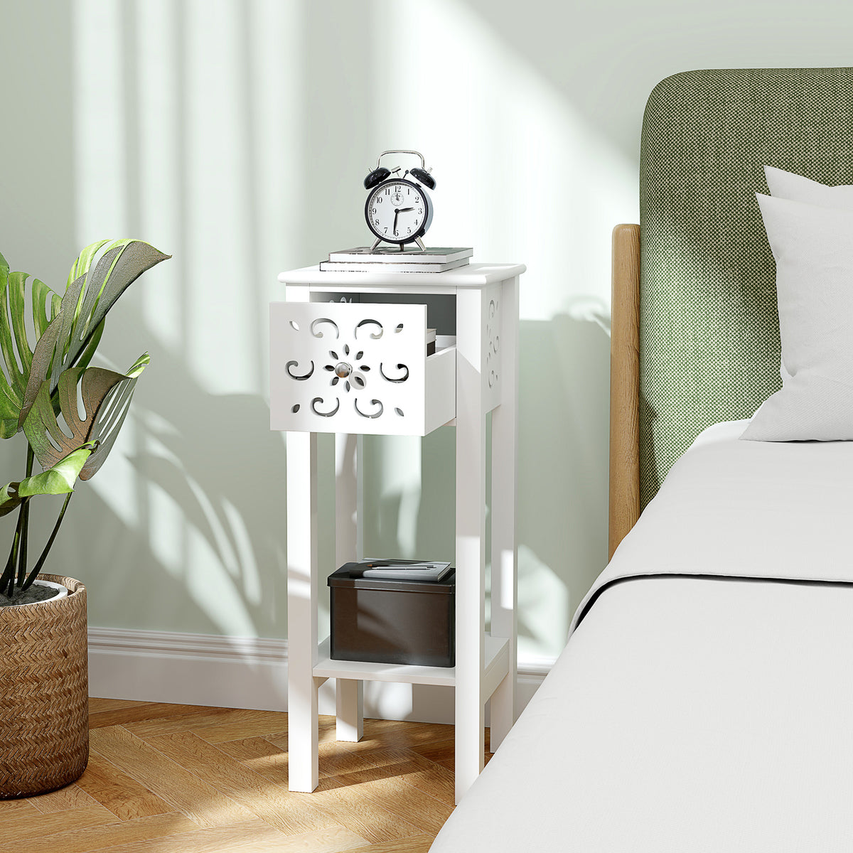 Tall Narrow Nightstands with Drawer and Shelf, Set of 2 – 12"W x 30"H