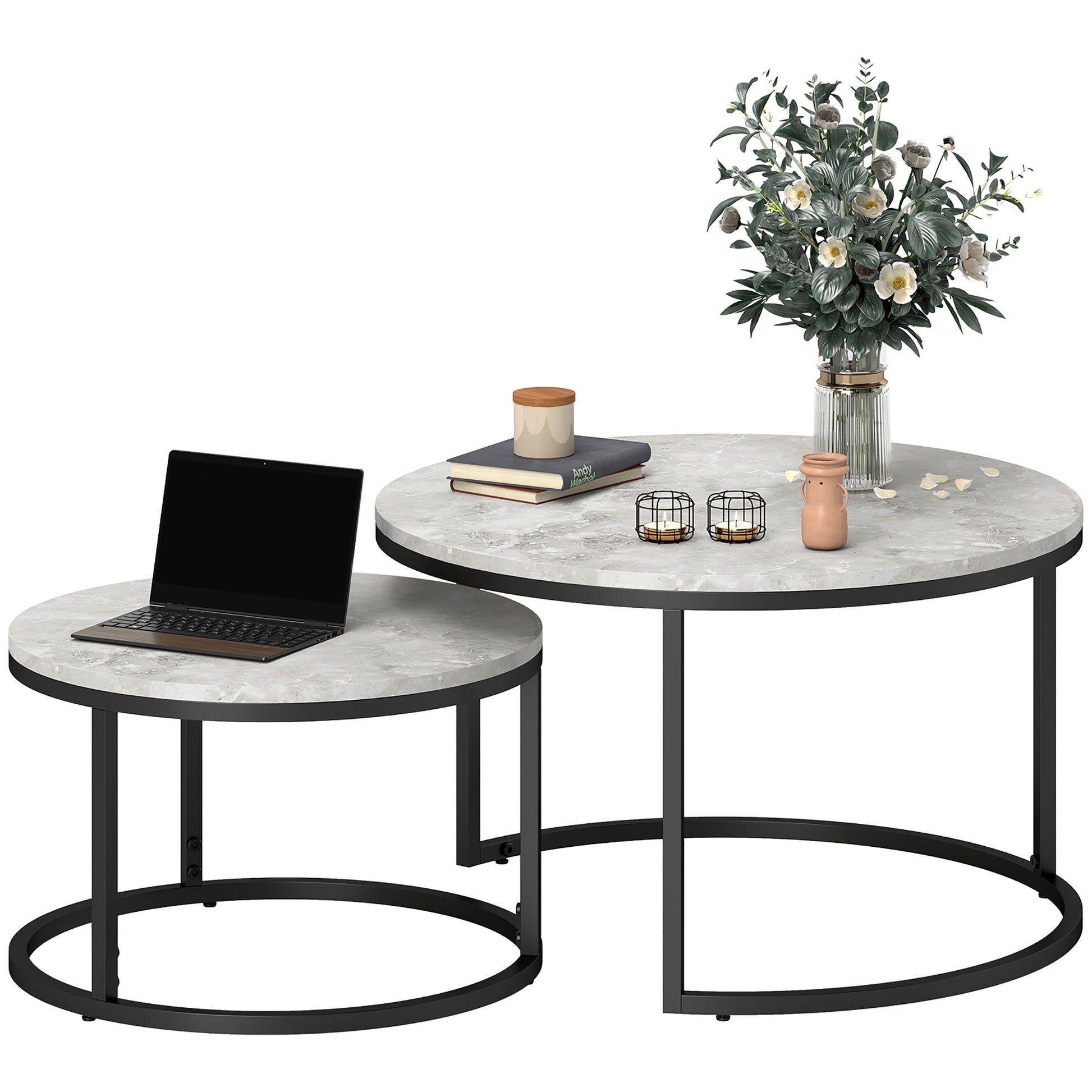 HOMCOM Modern 2-Piece Nesting Coffee Table Set, Round Cement Grey Living Room