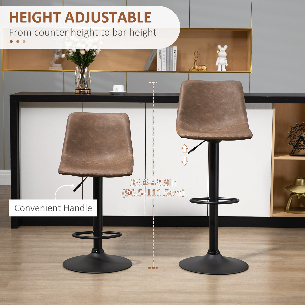 Retro Faux Leather Adjustable Swivel Counter Stools, Set of 2, Coffee Brown