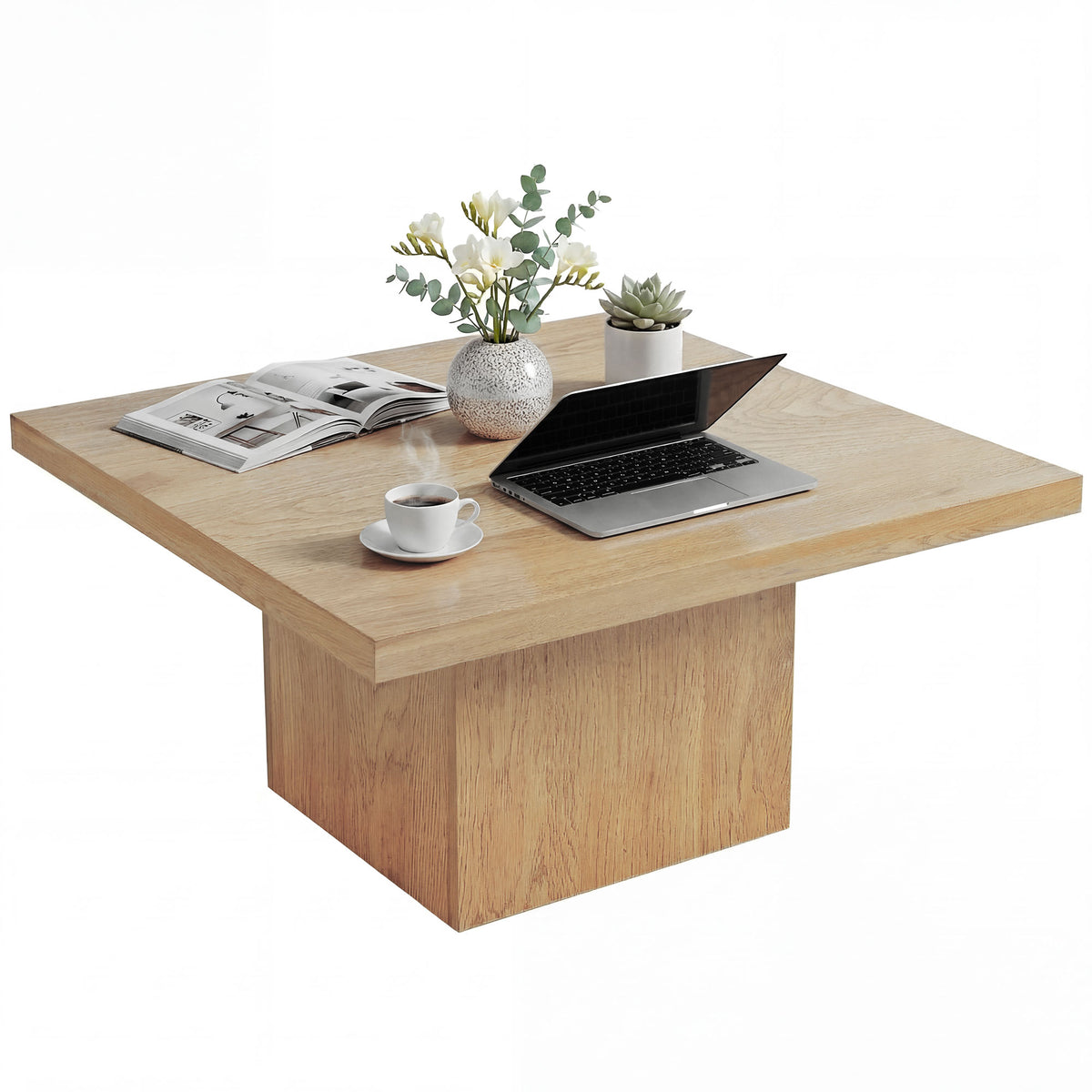 31.5" Square Coffee Table with 1.6" Thick Top, Natural Wood