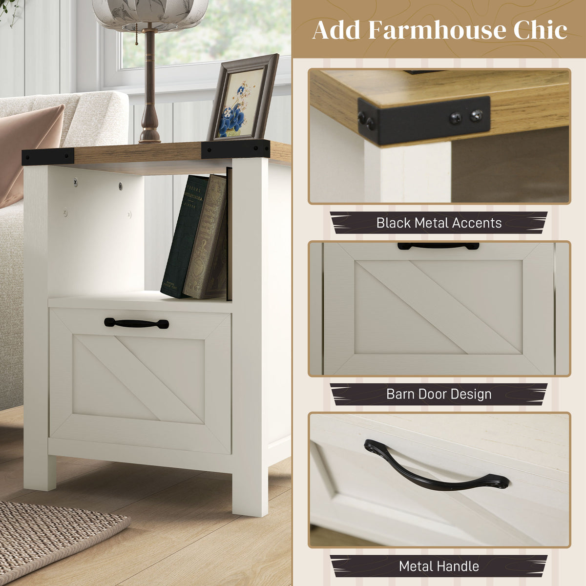 Farmhouse Nightstand with Drawer and Barn-Style Panel – 18"W x 24"H