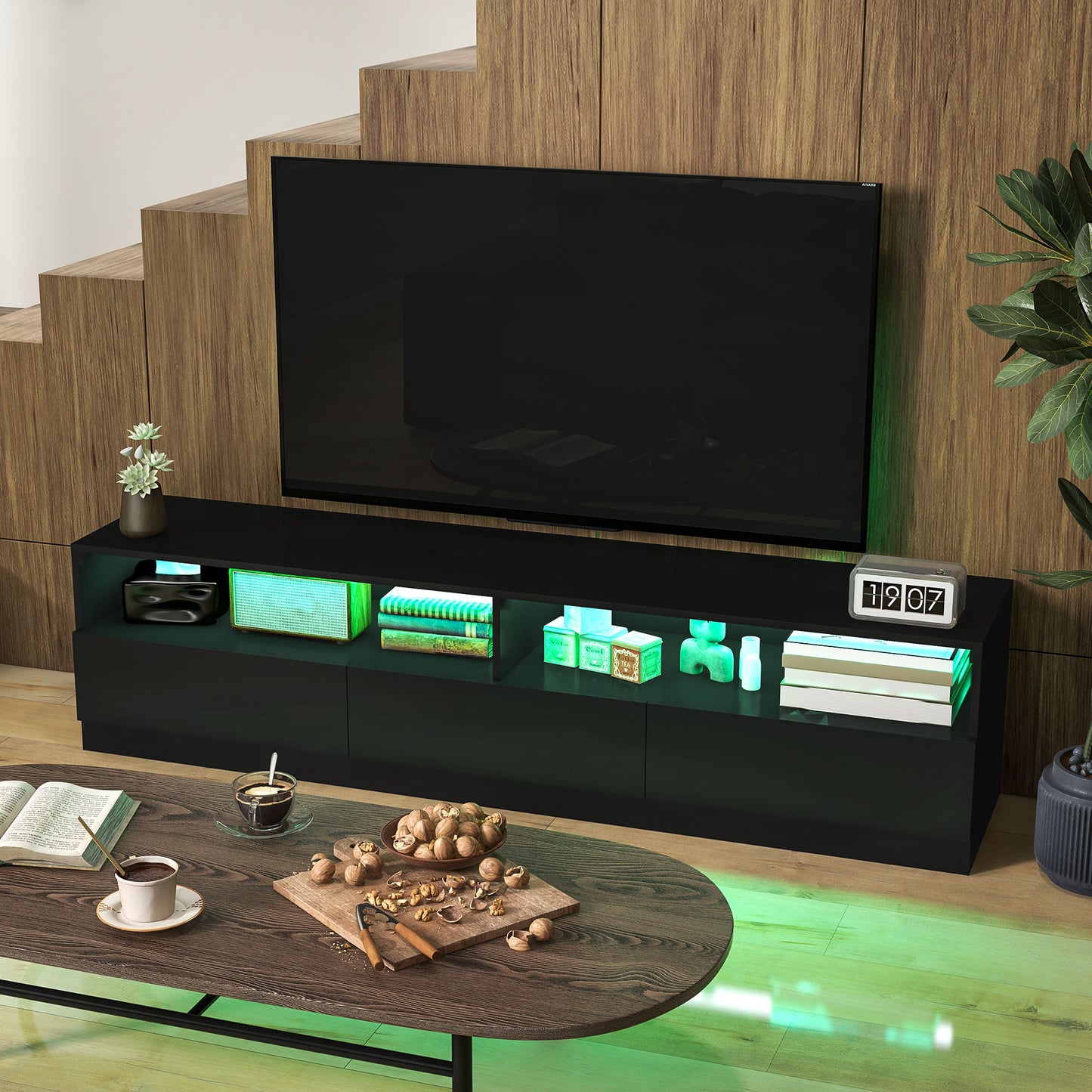 HOMCOM Modern LED Lighted TV Stand for 75 Inch TVs, High Gloss Black