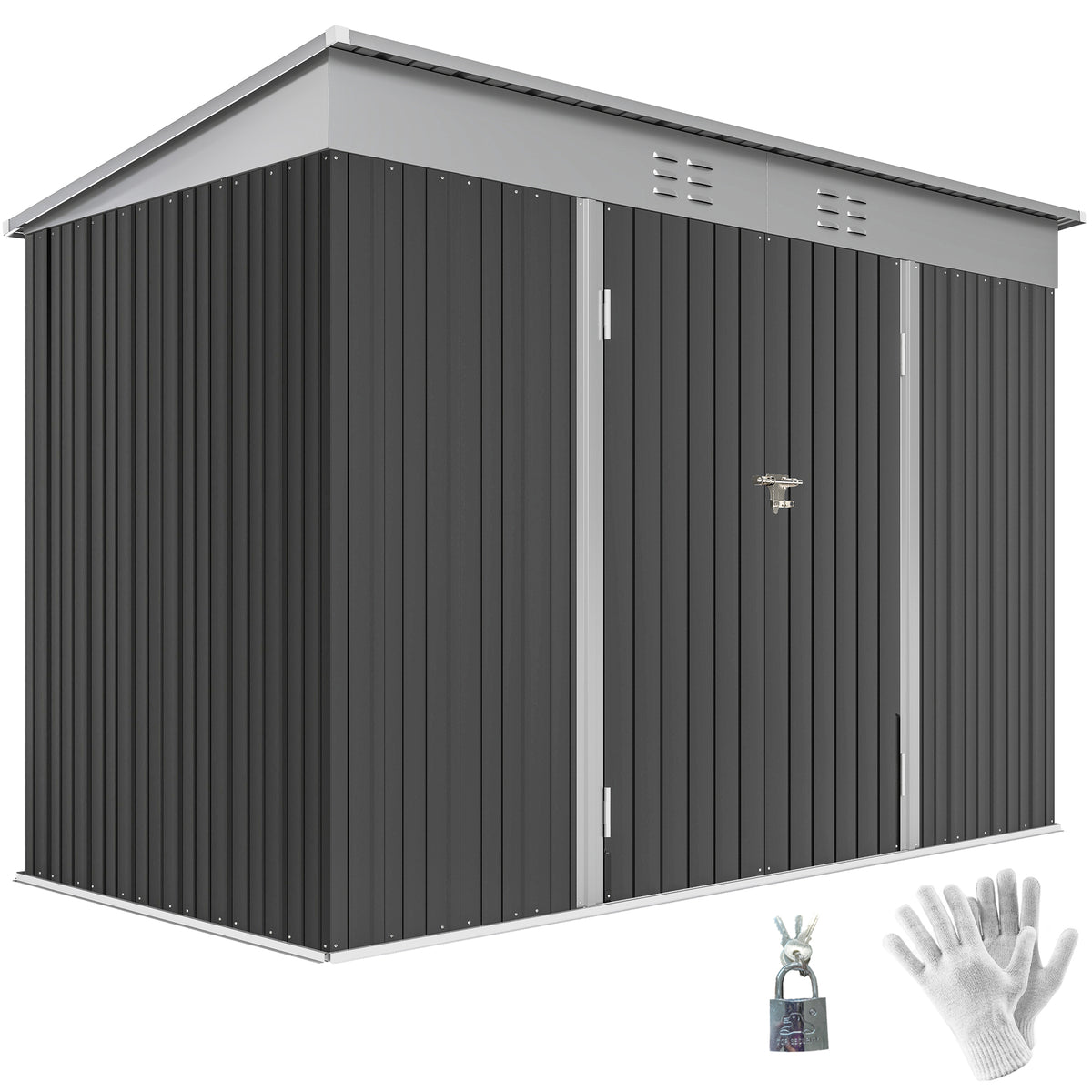 9' x 4' Galvanized Steel Garden Storage Shed with Lockable Doors, Gloves and 2 Air Vents for Backyard, Patio, Lawn – Dark Grey