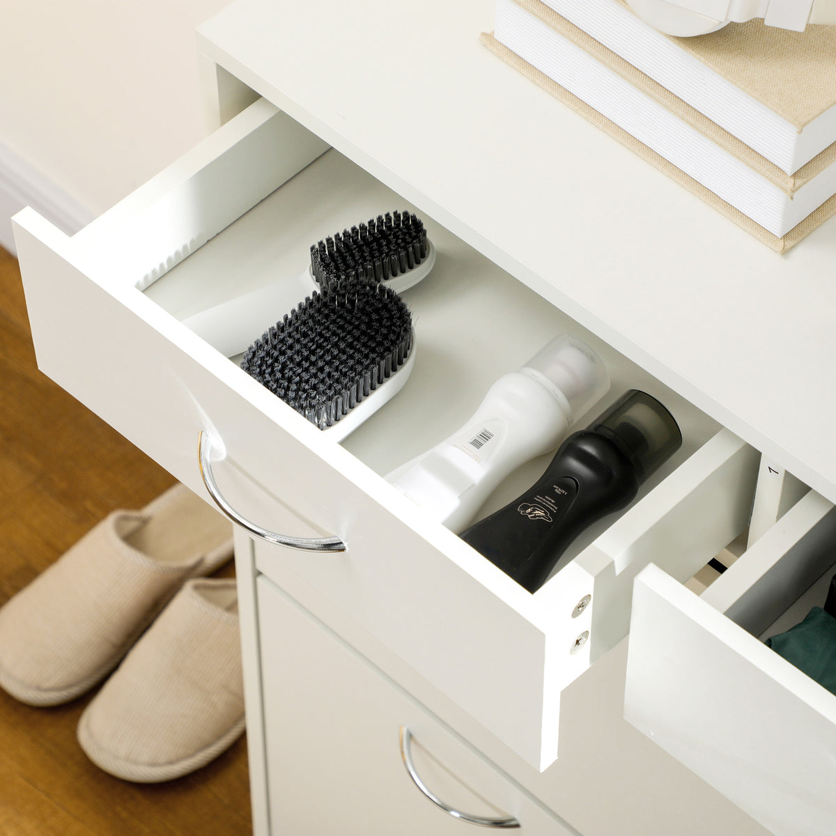 Narrow Shoe Storage with 2 Flip Drawers and Adjustable Shelves – 32"W x 36"H