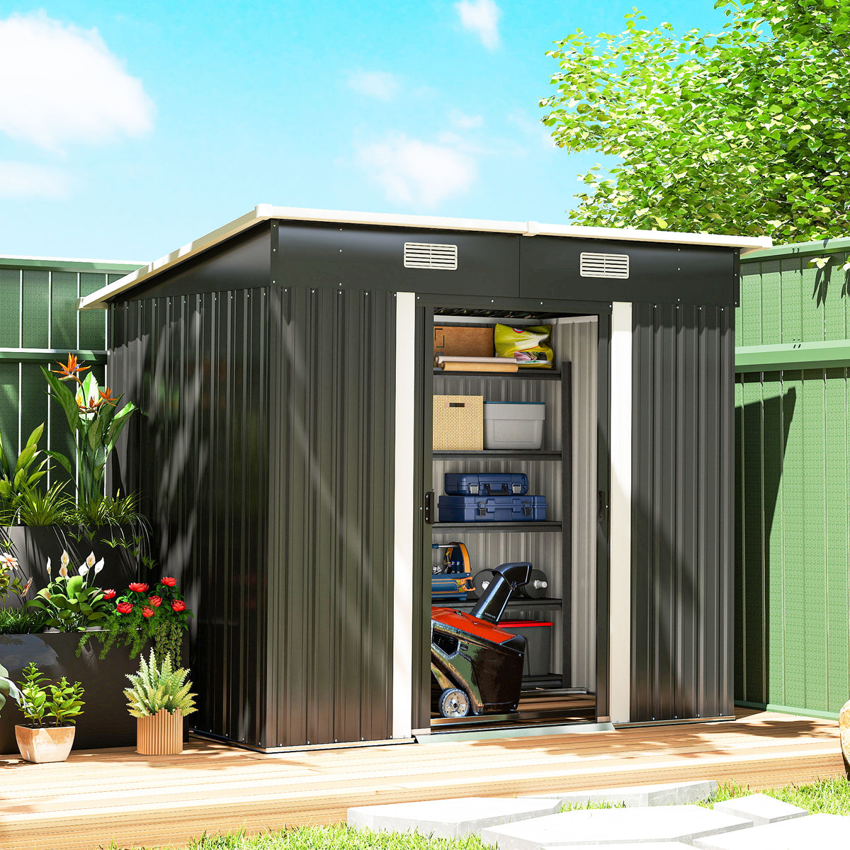 7'x 4' Metal Patio Storage Shed Garden Lockable Shed Tool Utility Storage Unit – 79.9" L x 51.2" W x 71.7" H – Black