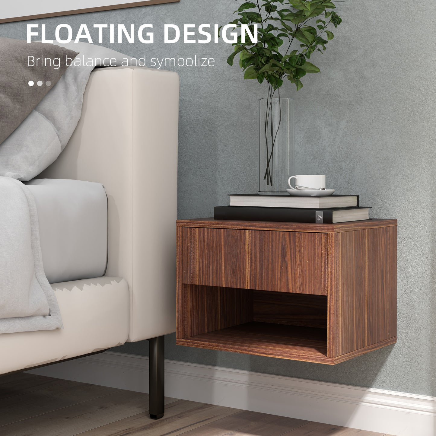 HOMCOM Floating Wall Mounted Nightstands Set of 2 with Drawer, Brown Finish