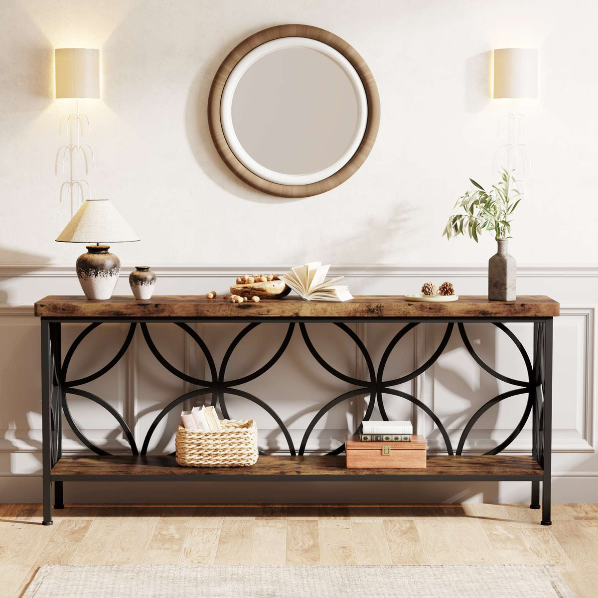 2-Tier Console Table, 70.9" Industrial Sofa Table Behind Couch