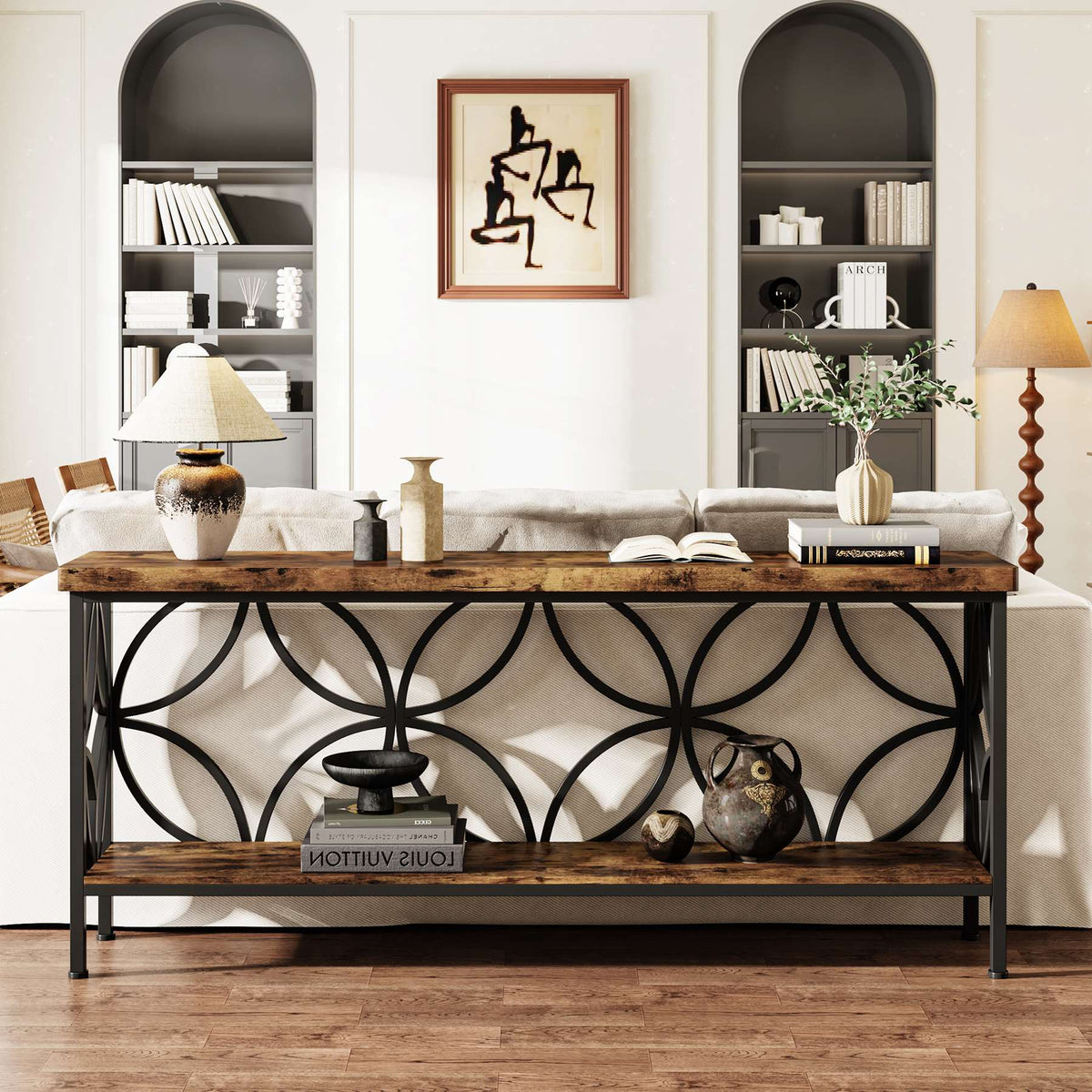 2-Tier Console Table, 70.9" Industrial Sofa Table Behind Couch