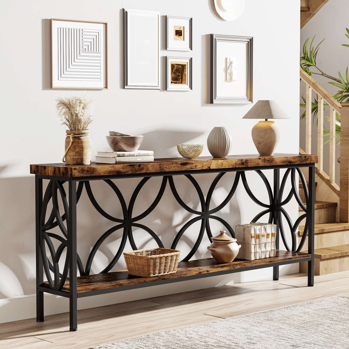 2-Tier Console Table, 70.9" Industrial Sofa Table Behind Couch