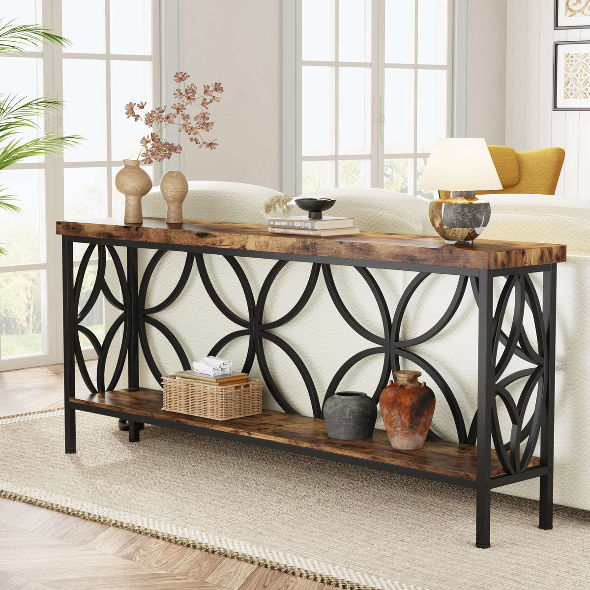 2-Tier Console Table, 70.9" Industrial Sofa Table Behind Couch