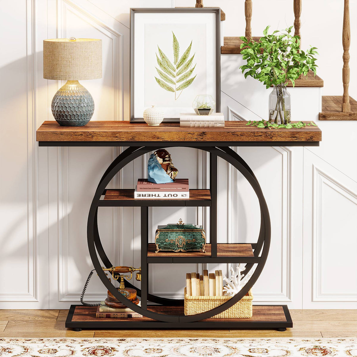 41.3" Console Table, Industrial 4-Tier Sofa Entryway Table with Circle Base