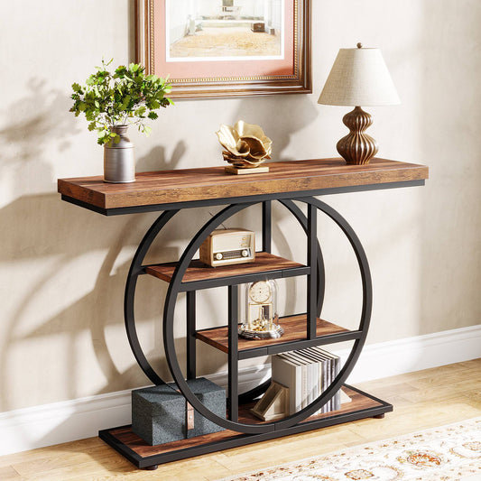 41.3" Console Table, Industrial 4-Tier Sofa Entryway Table with Circle Base