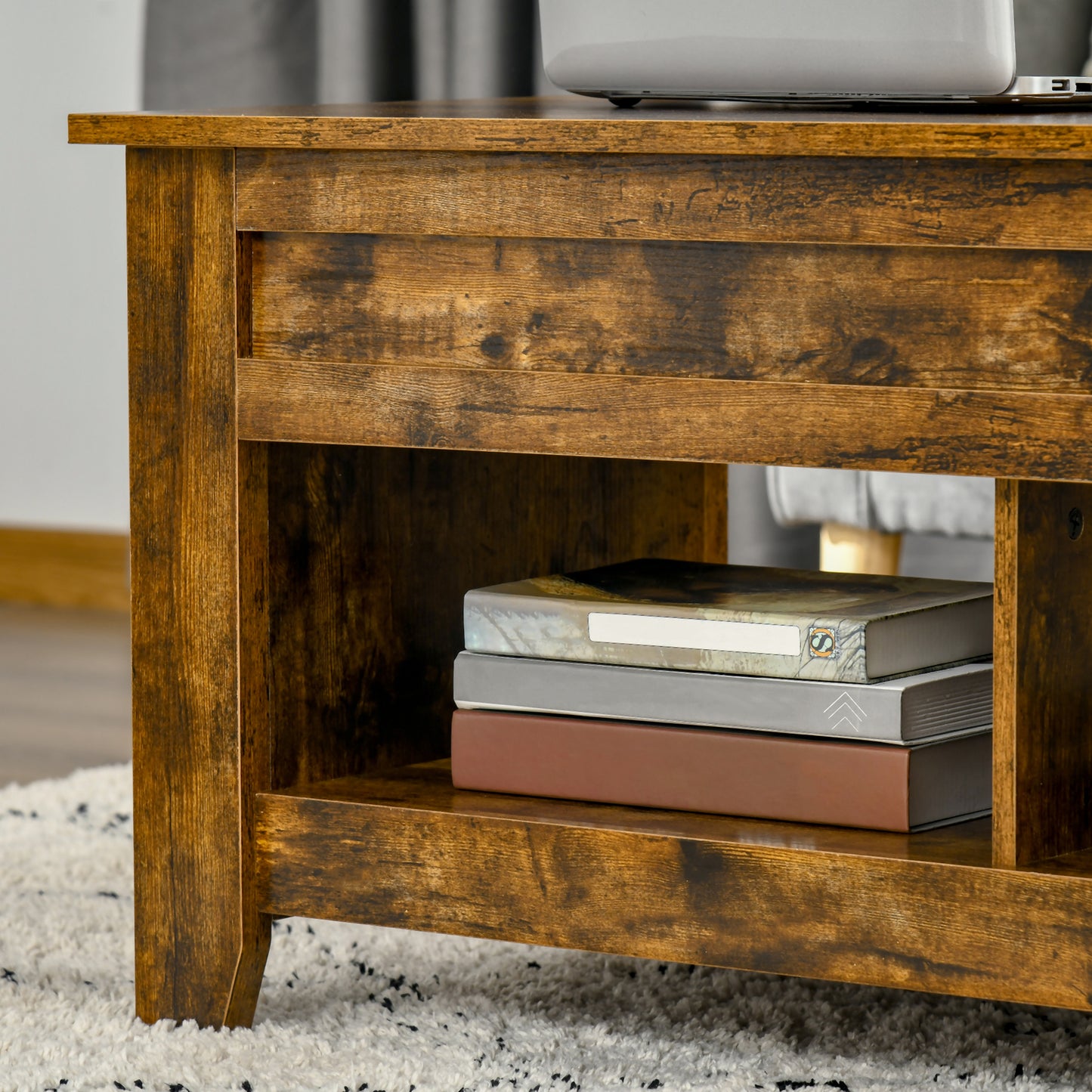 Modern Lift-Top Coffee Table with Hidden Storage & Open Shelves, Rustic Brown