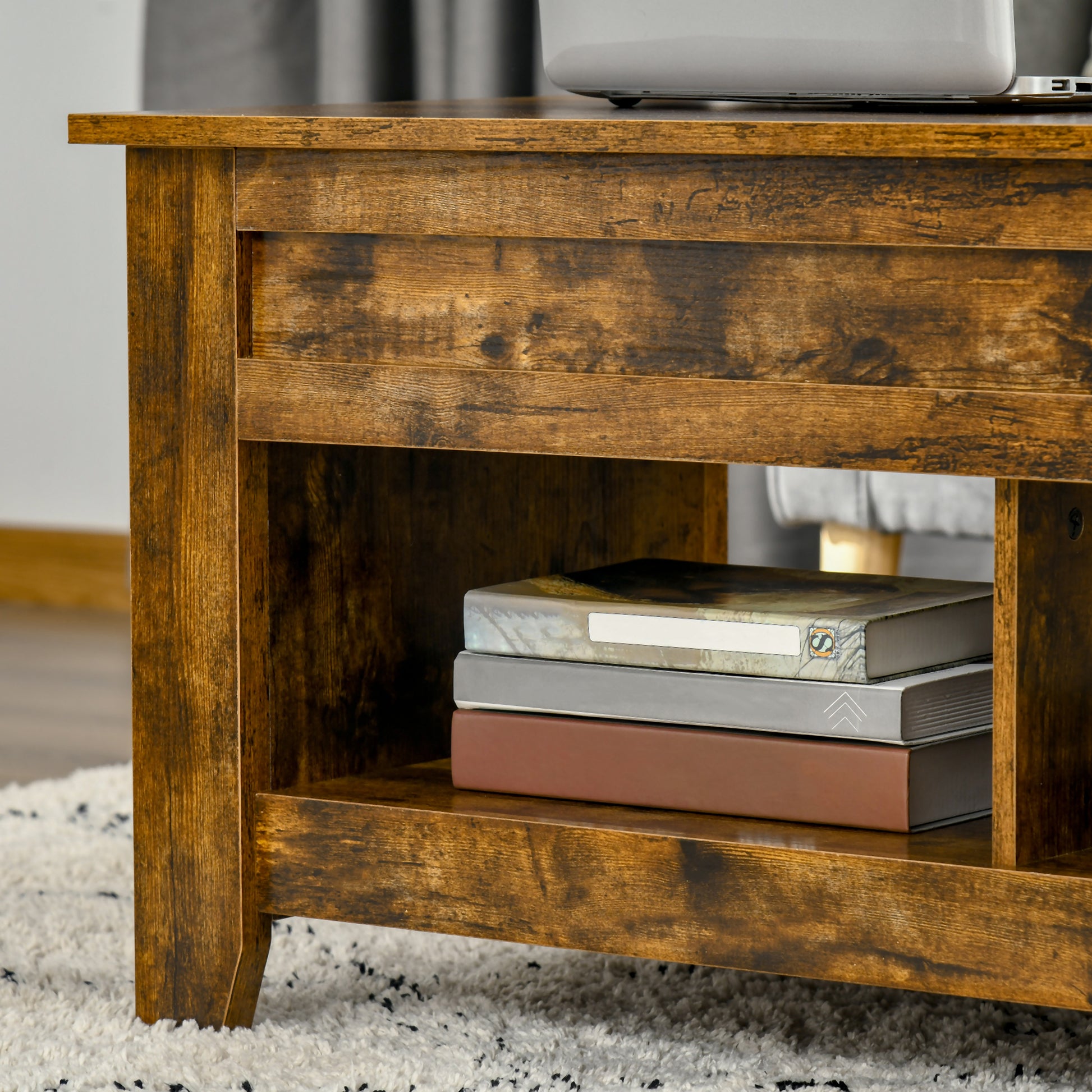 Modern Lift-Top Coffee Table with Hidden Storage & Open Shelves, Rustic Brown