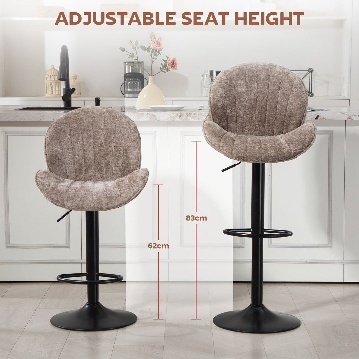 Chenille Shell-Back Swivel Bar Stools, Adjustable Height, Set of 2