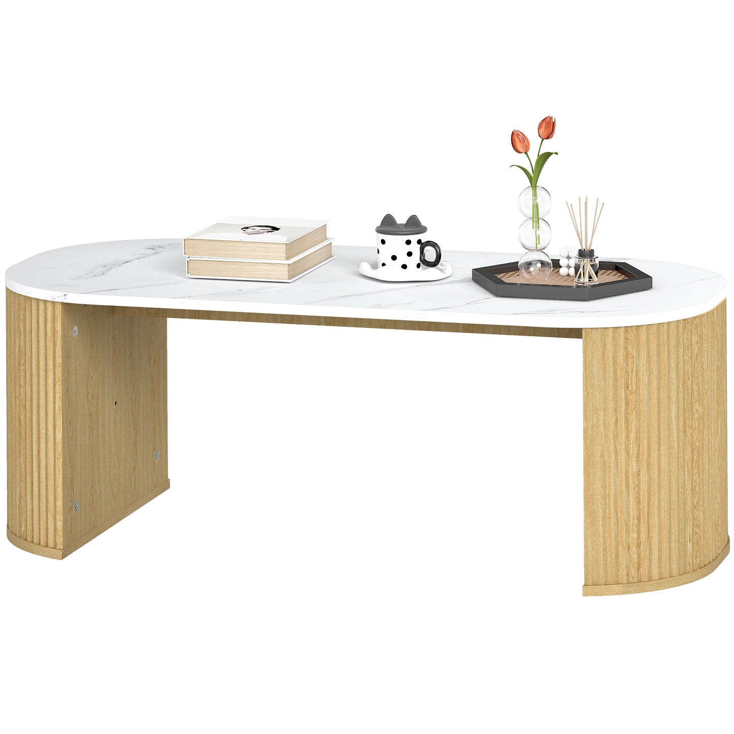 HOMCOM Modern Marble-Effect Coffee Table with Rounded Corners, Thick Wood Legs