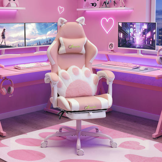 Cute Gaming Chair with Cat Ears, Gamer Computer Chair with Lumbar Support, Footrest, Pink