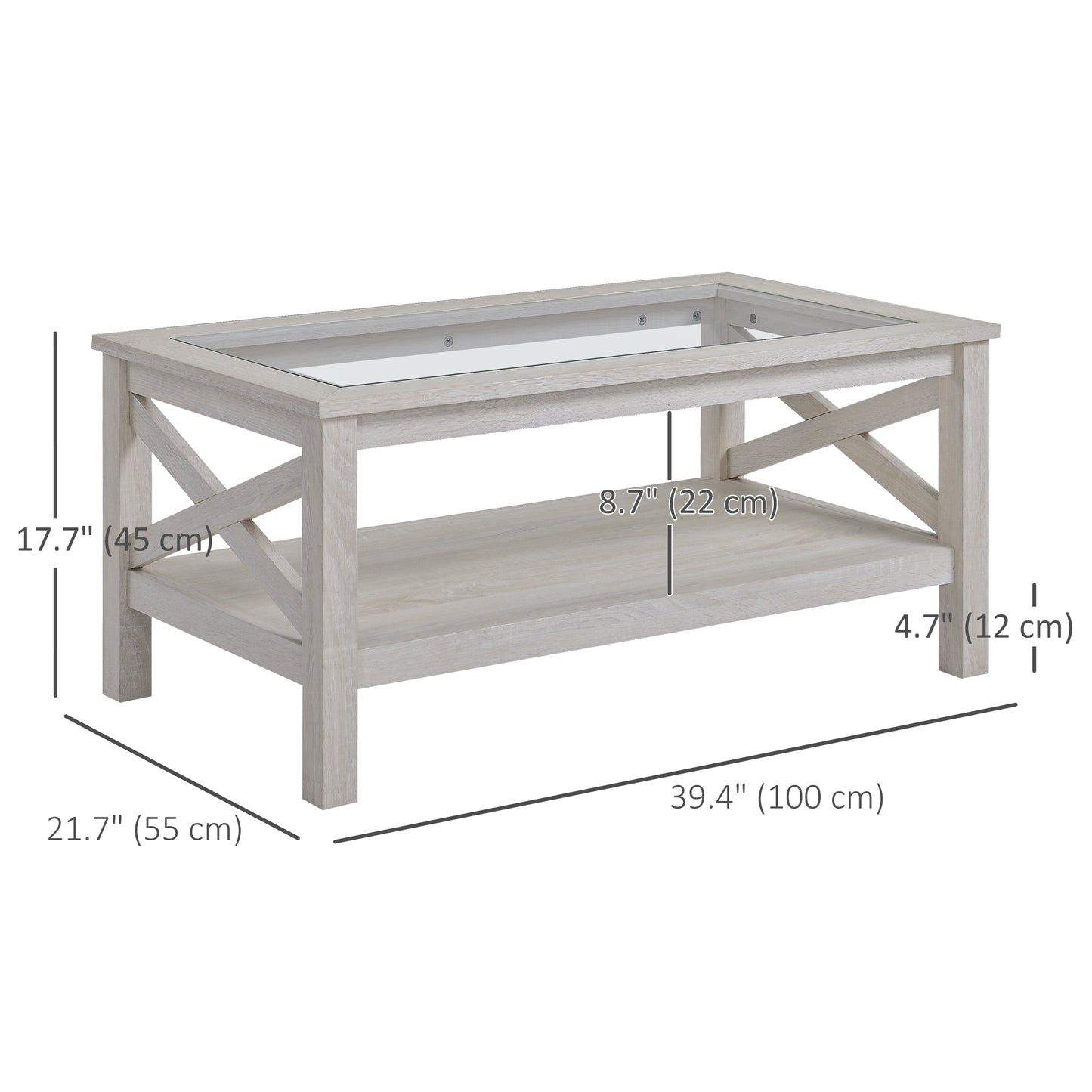 HOMCOM Farmhouse Coffee Table: Tempered Glass Top, Two-Tier Storage Shelf