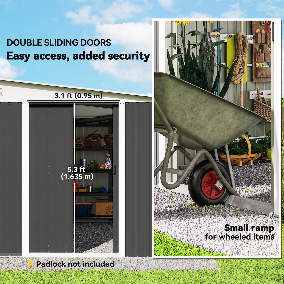 11' x 9' Steel Garden Storage Shed, Outdoor Metal Tool House with Double Sliding Doors – Dark Grey