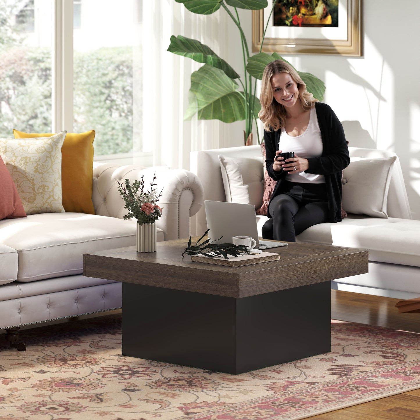 HOMCOM Square Coffee Table with 16-Colour LED Lights, Walnut, 35-Inch