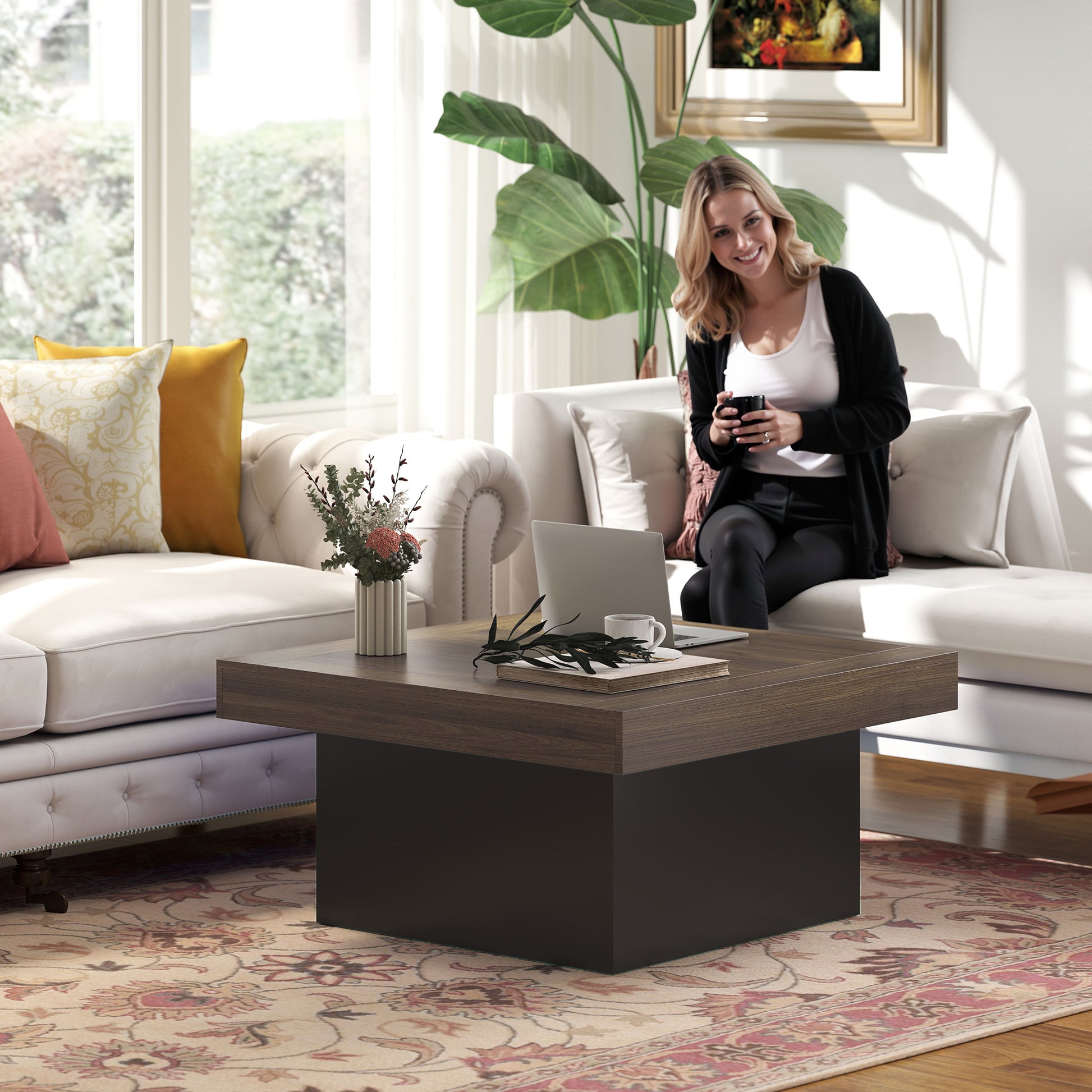 HOMCOM Square Coffee Table with 16-Colour LED Lights, Walnut, 35-Inch