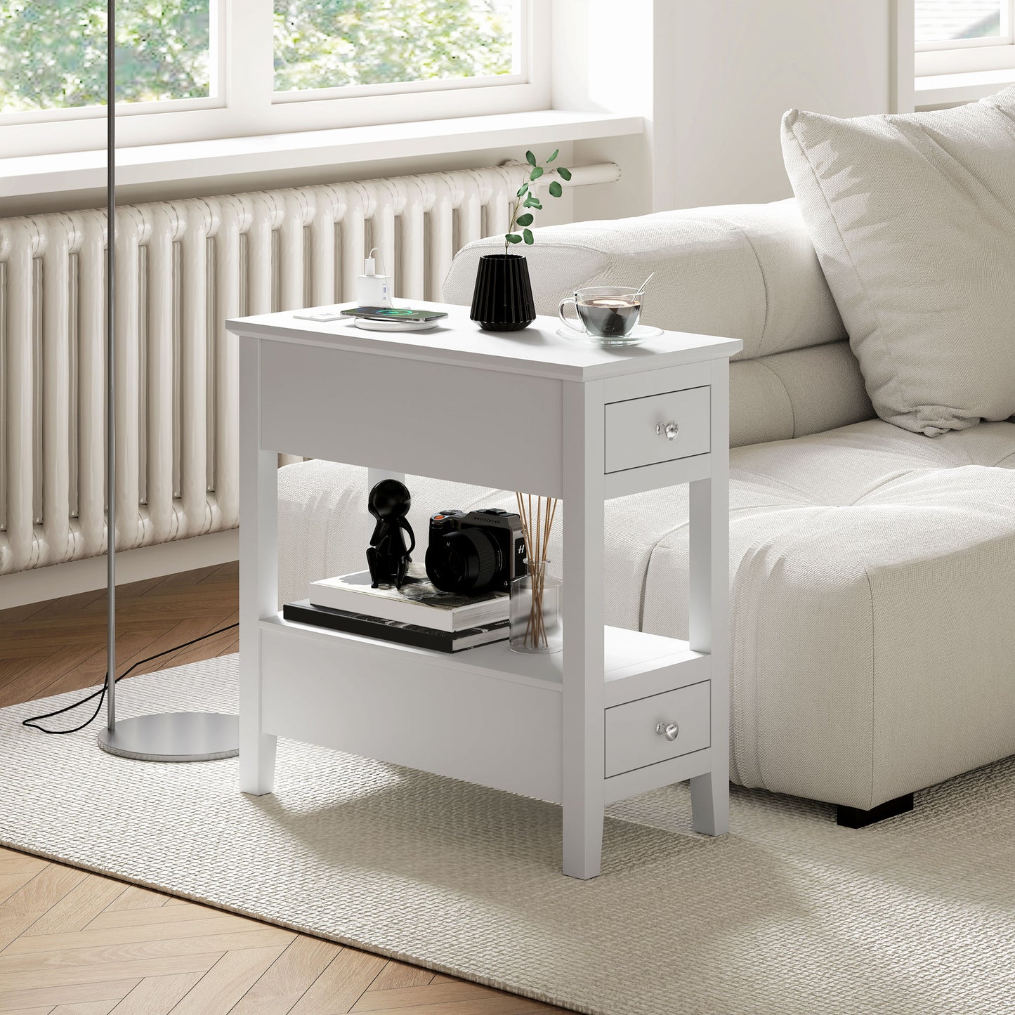 HOMCOM Modern Narrow Side Table with Charging Station USB Ports Storage Drawers