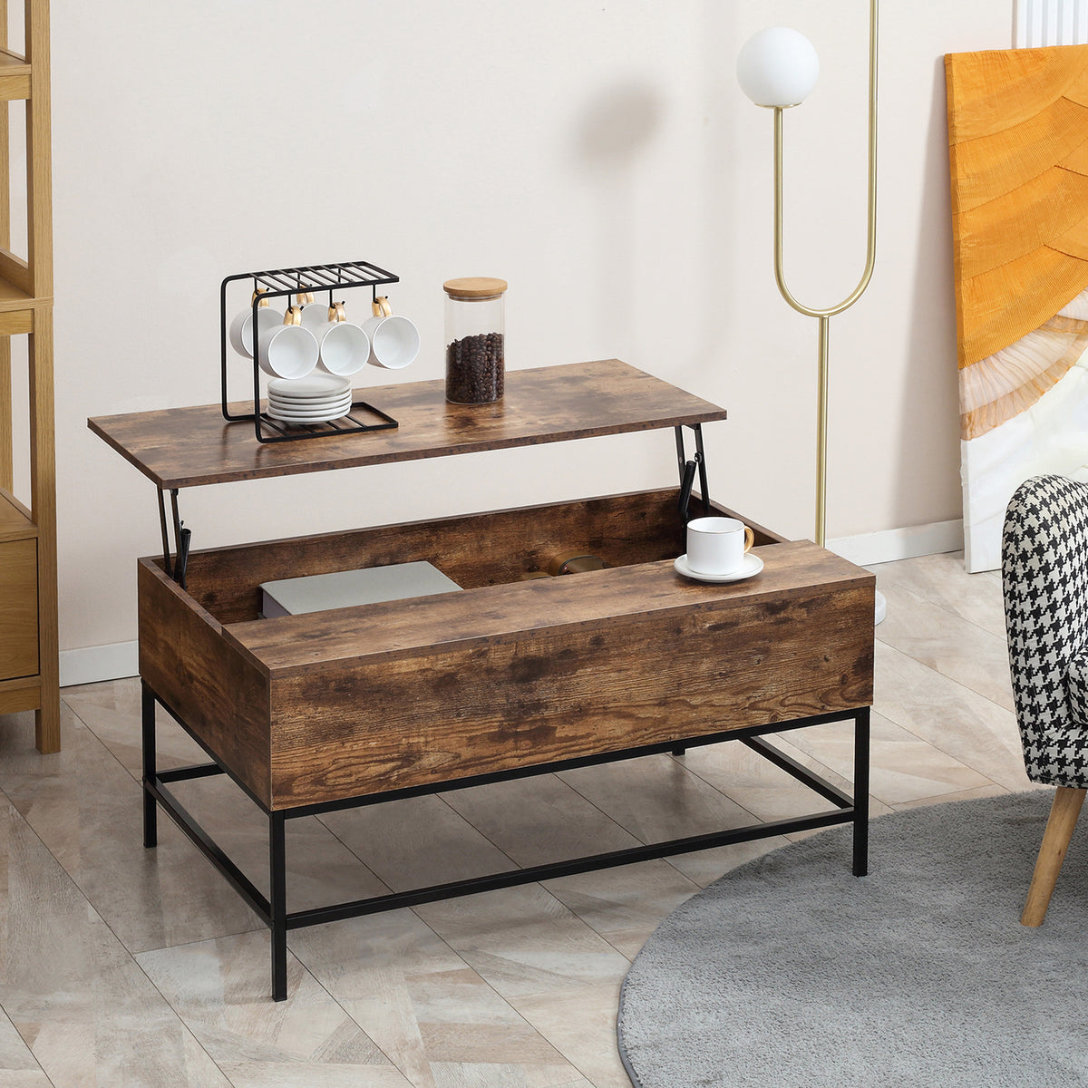 Lift-Top Coffee Table with Hidden Storage and Steel Legs, Rustic Brown